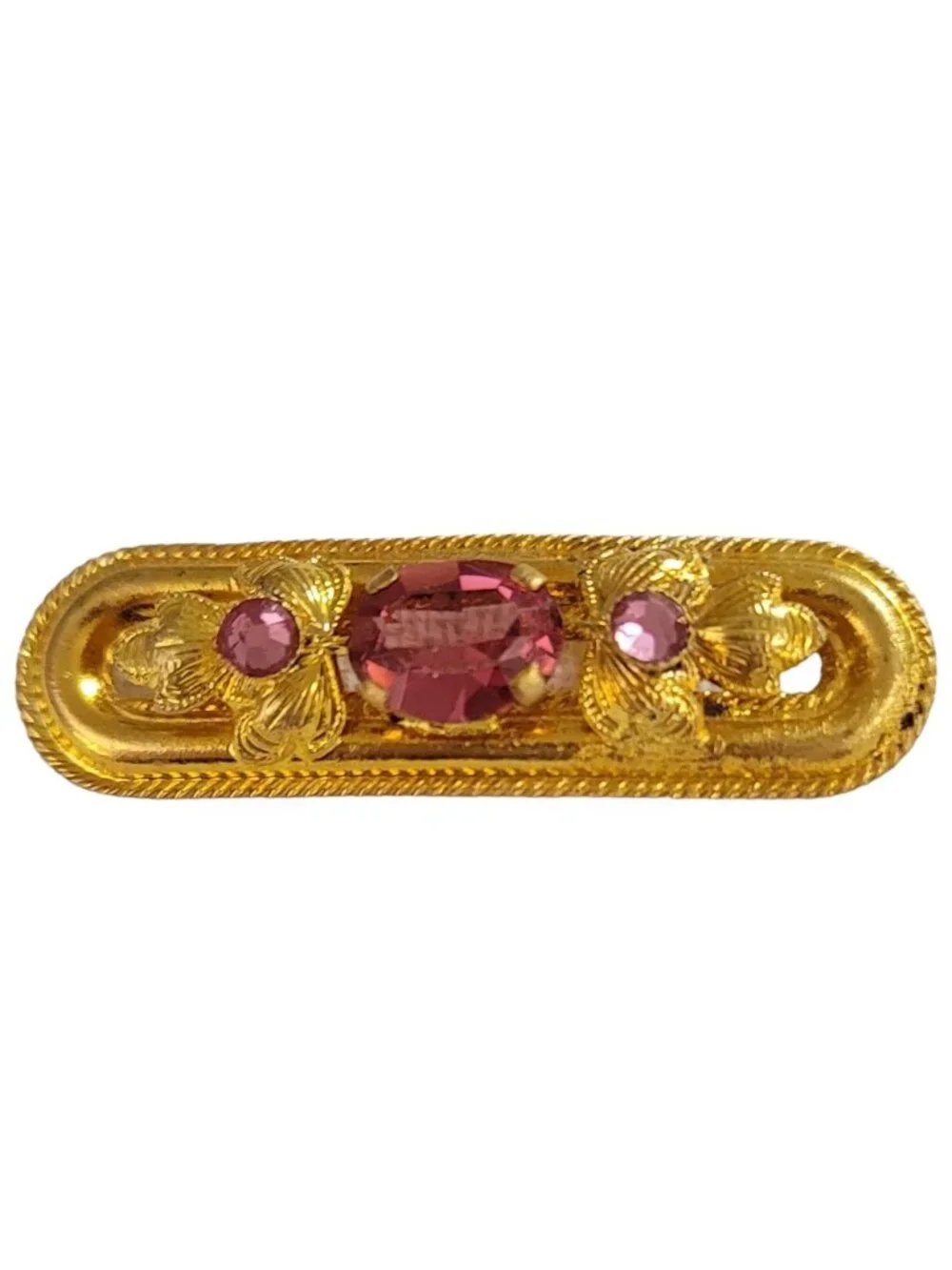 Czech Gold Tone Pink Rhinestone Leaf Bar Pin K969